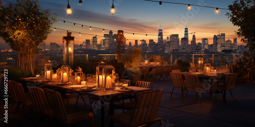 Rooftop café, sunset view, city skyline, intimate tables with candles, string lights, golden hour lighting, romantic mood, high dynamic range