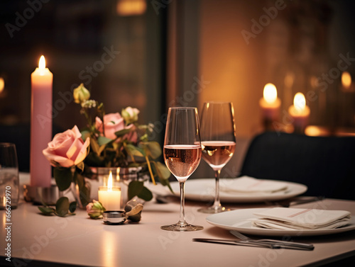 A luxuriously staged dinner table set for two, featuring a bottle of sparkling Rosé wine, flutes, and a fine dining setup. Candles providing warm, intimate lighting