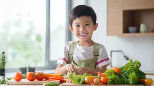 The Asian boy's son is cooking a salad using a wooden spoon and vegetables that include tomatoes, carrots, and bell peppers on a plate to create a happy family and enjoy their lifestyle in
