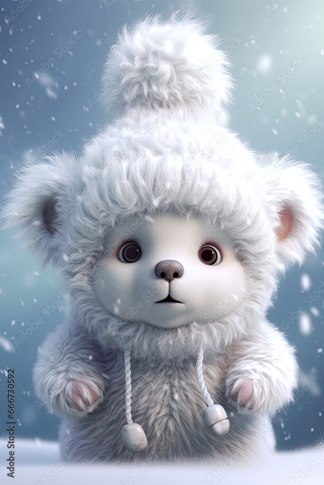 Snowy winter. Very cute baby in Pixar style. Generative AI