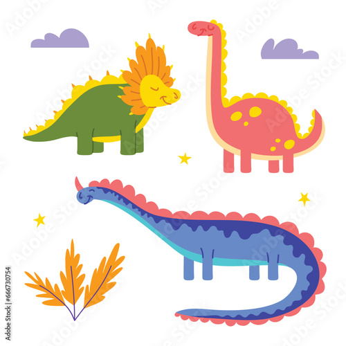 Cartoon Color Characters Cute Dinosaurus Icons Set Flat Design Style Jurassic Animal. Vector illustration of Brontosaurus and Triceratops Dino Mascot Icon