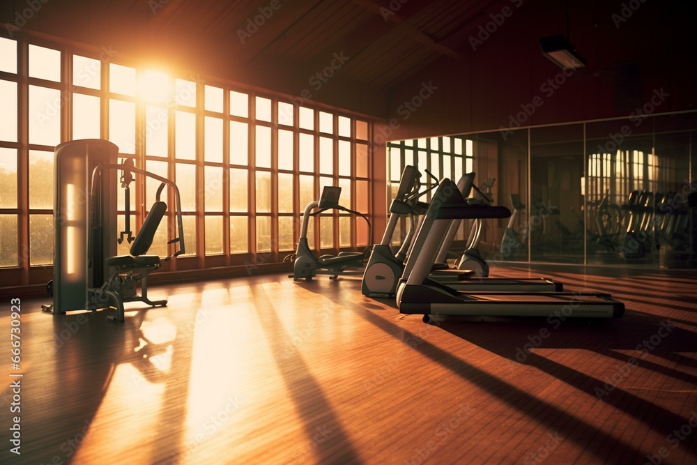 Exercise machine in gym (panoramic). Generative AI