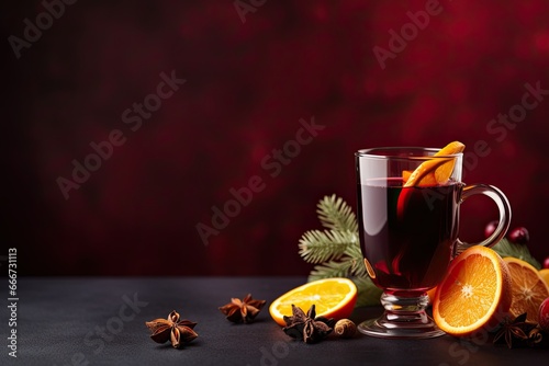 Mulled wine, richly colored red wine brewed with spices. photo