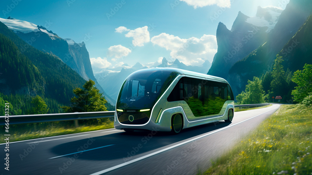 Modern electric bus in nature