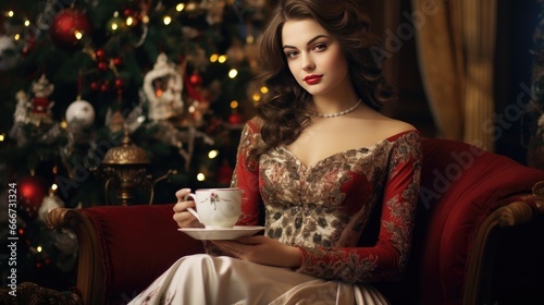 beautiful girl drinks tea near on christmas tree