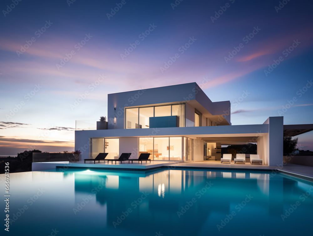 Evening Glow: Villa Architecture with Swimming Pool at Sunset Evening Glow: Villa Architecture with Swimming Pool at Sunset