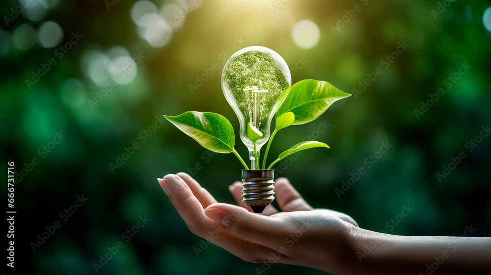 green energy concept. hand holding green plant bulb with green tree in the background - obrazy, fototapety, plakaty 