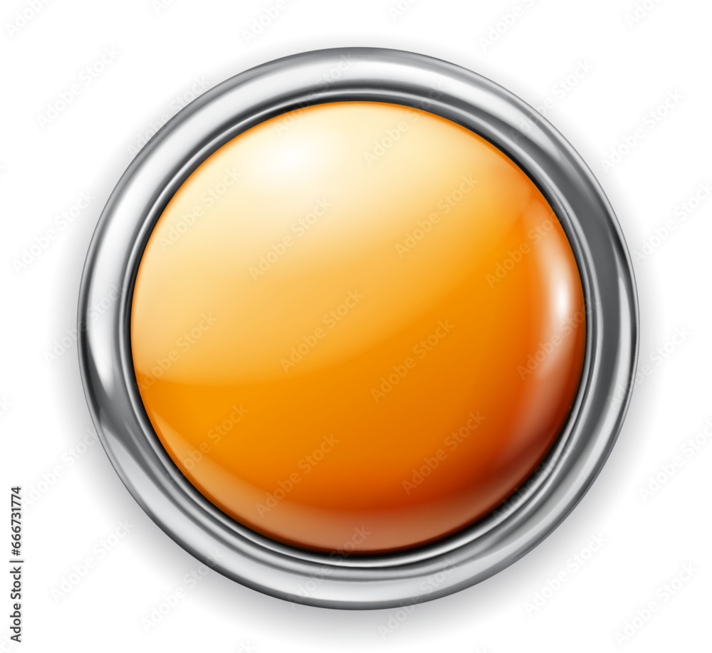 Realistic big orange plastic button with thin shiny metallic border. With shadow on white background Realistic big orange plastic button with thin shiny metallic border. With shadow on white background