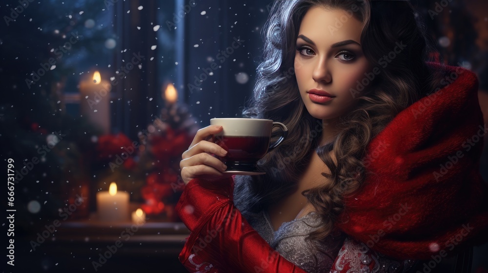 Christmas girl drinking a tea in beautiful room