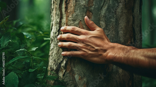 close up of a young man holding his hands a tree trunk.