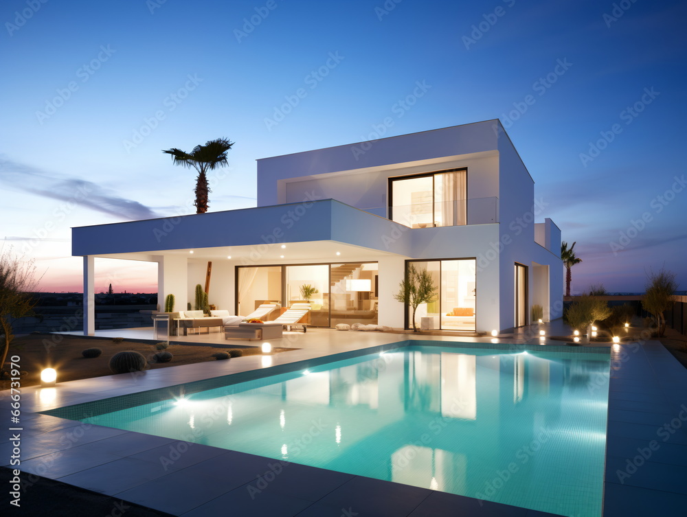 Fototapeta premium Evening Glow: Villa Architecture with Swimming Pool at Sunset
