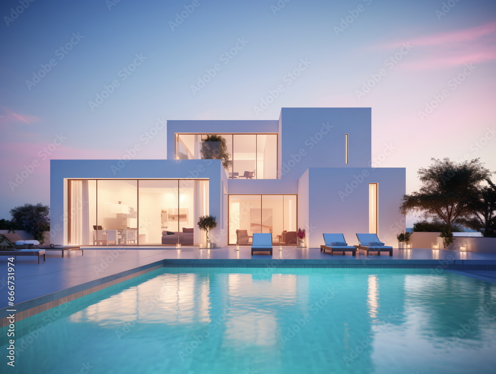 Evening Glow: Villa Architecture with Swimming Pool at Sunset Evening Glow: Villa Architecture with Swimming Pool at Sunset