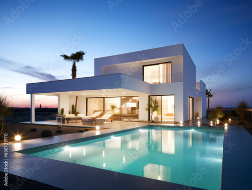 Evening Glow  Villa Architecture with Swimming Pool at Sunset