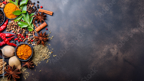 different spices in a black bowl on a dark background. top view. copy space