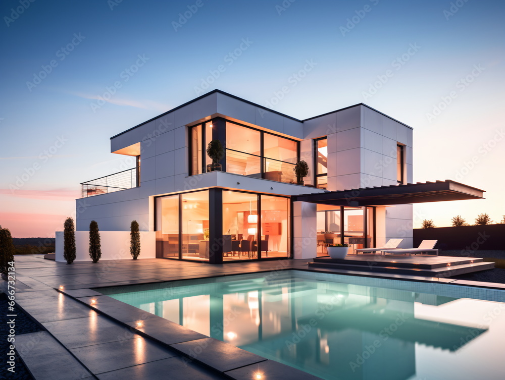 Fototapeta premium Evening Glow: Villa Architecture with Swimming Pool at Sunset