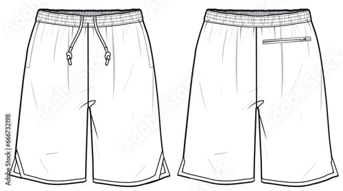 Men's Sports Sweat shorts front and back view flat sketch fashion illustration, Knitted Jogger short vector template