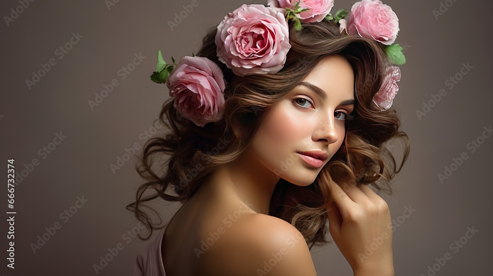 Portrait of a woman with rose flowers in her hair. Natural beauty facial skin care. Strong hair of a woman with a beauty face.