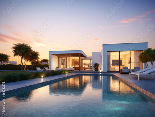 Evening Glow: Villa Architecture with Swimming Pool at Sunset © duyina1990