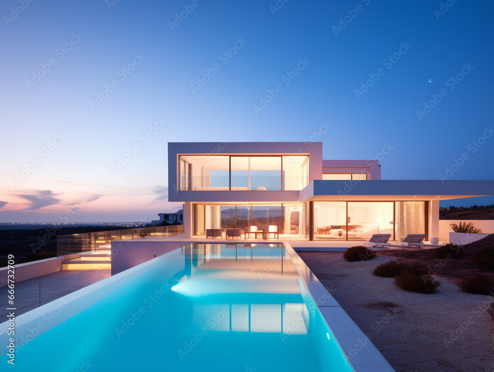 Evening Glow: Villa Architecture with Swimming Pool at Sunset Evening Glow: Villa Architecture with Swimming Pool at Sunset
