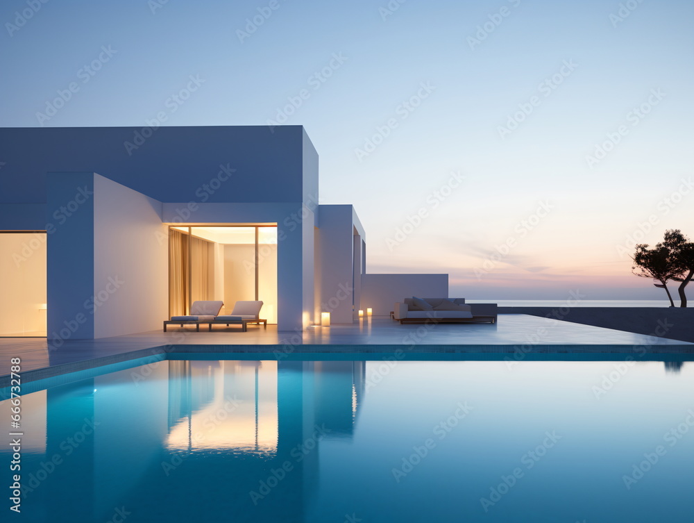 Evening Glow: Villa Architecture with Swimming Pool at Sunset Evening Glow: Villa Architecture with Swimming Pool at Sunset