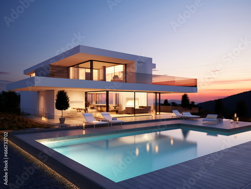 Evening Glow: Villa Architecture with Swimming Pool at Sunset © duyina1990