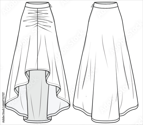 Women's midi length high low Skirt flat sketch fashion illustration with front and back view