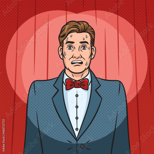 Public speaking anxiety man pinup pop art retro hand drawn vector illustration. Comic book style imitation.