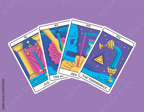 Cartoon Color Magical Tarot Cards Major Arcana Set Semicircle Concept Flat Design Style Include of Justice, Hanged Man, Death and Temperance. Vector illustration