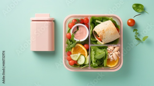 The back to school concept involves a healthy lunch box and colorful stationery on a table top. photo