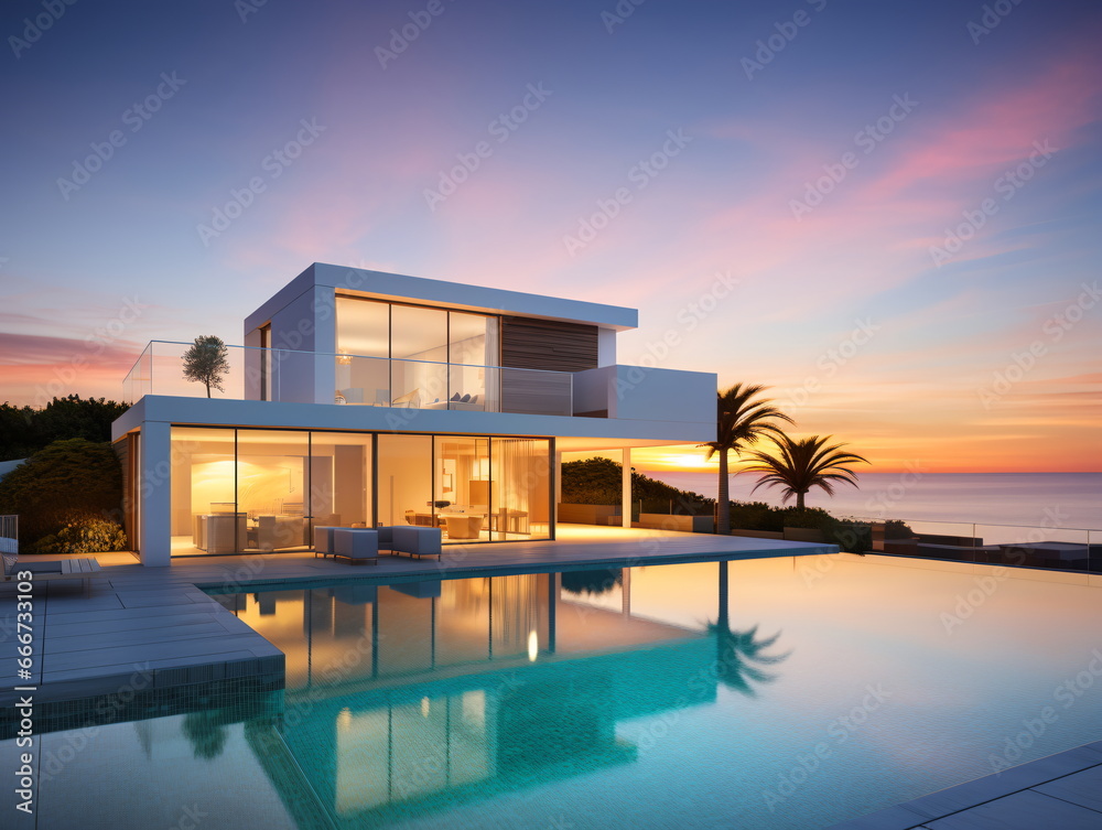 Evening Glow: Villa Architecture with Swimming Pool at Sunset Evening Glow: Villa Architecture with Swimming Pool at Sunset