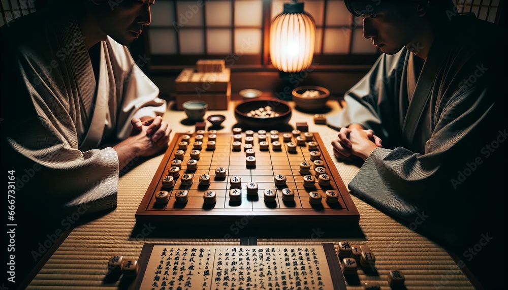 Traditional shogi game on a tatami mat with intricately inscribed pieces and two engrossed players - obrazy, fototapety, plakaty 