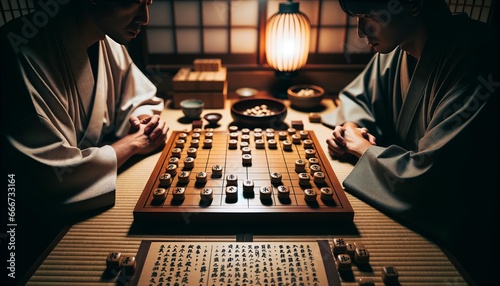 Traditional shogi game on a tatami mat with intricately inscribed pieces and two engrossed players