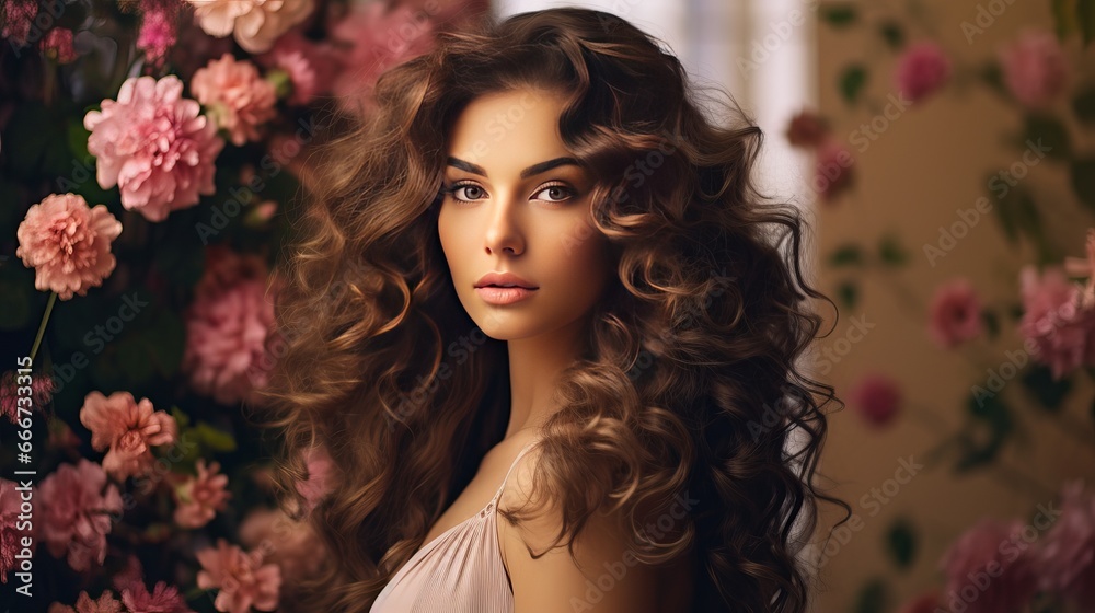 The background of a wall of flowers features a beautiful model woman with a curly hairstyle standing next to a brunette summer beauty with long and shiny wavy hair.