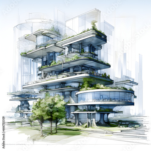 blueprint of sustainable futuristic building with green walls.