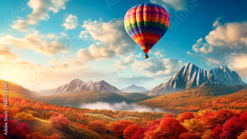 hot air balloon flying over colorful mountain valley with colorful clouds