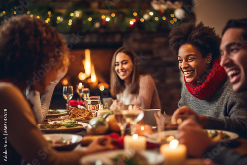 Multiracial friends having christmas dinner and eating together in a cozy room with a fireplace