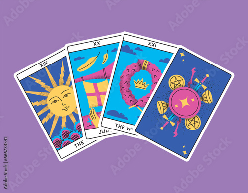 Cartoon Color Magical Tarot Cards Major Arcana Set Semicircle Concept Flat Design Style Include of Sun, Judgement and World. Vector illustration