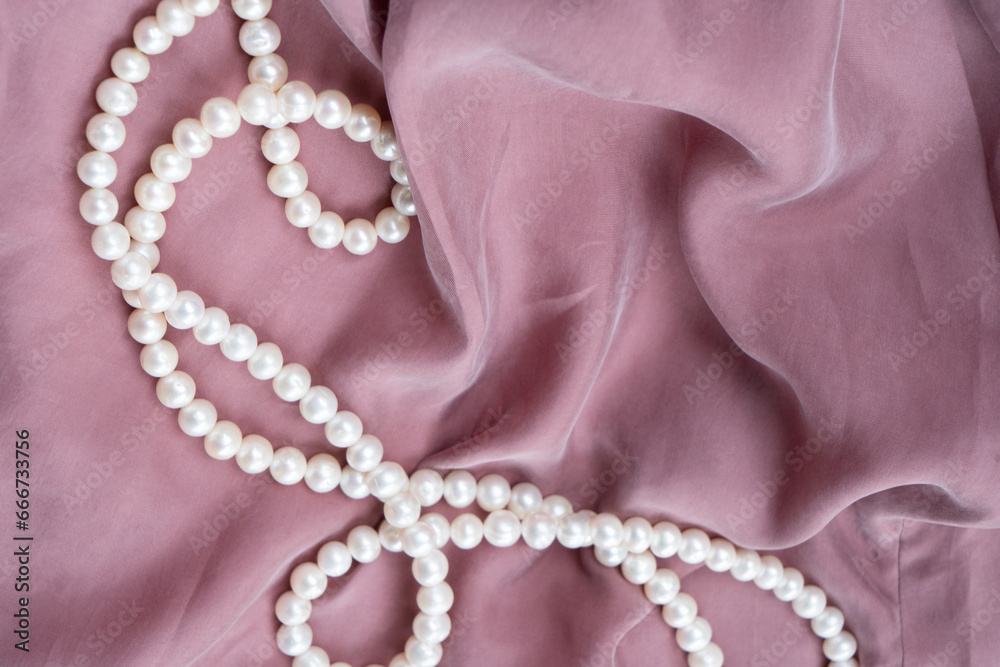 silk and pearls background styled stock scene, for wedding invitation, product showcase or styled presentation with copy space, top view