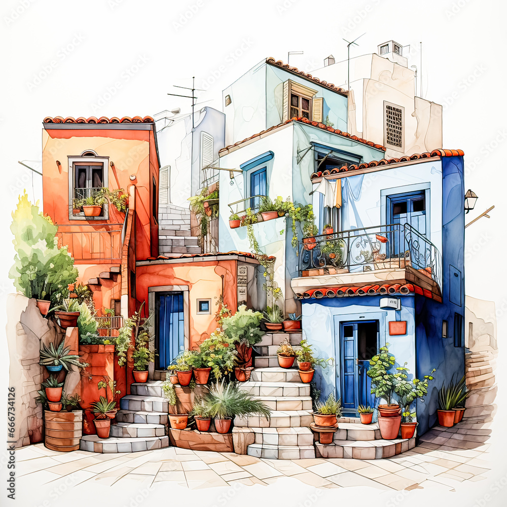 Watercolor captures the allure of Moroccan style homes nestled in lush streets amidst a stunning landscape