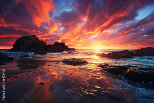 Beautiful coastal sunset, where vibrant colors paint the sky and dramatic clouds create a mesmerizing display of colors. Ai generated