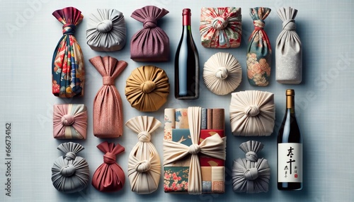 Array of Furoshiki-wrapped items showcasing the versatility of the traditional Japanese wrapping method photo