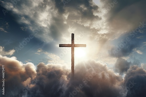 Holy cross on Mount Golgotha among the clouds. Resurrection of Jesus Christ