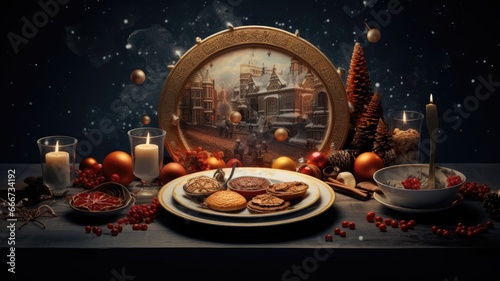 the holiday season with a beautifully arranged Christmas plate featuring traditional dishes and ornaments.