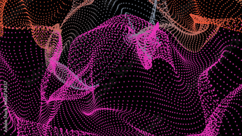 Energy net flows. Dot particle lines penetrating fog. Neon lights plexus of knots. Curved node row space infinity. Linking funnel universe parameters. Background information technology presentation.