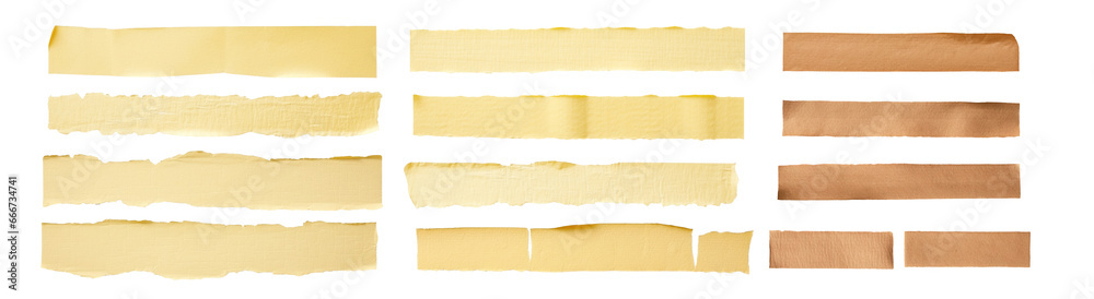 Strips of ripped yellow textured adhesive kraft paper, masking tape, Long paper tape isolated cutout on transparent background