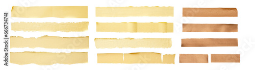 Strips of ripped yellow textured adhesive kraft paper, masking tape, Long paper tape isolated cutout on transparent background