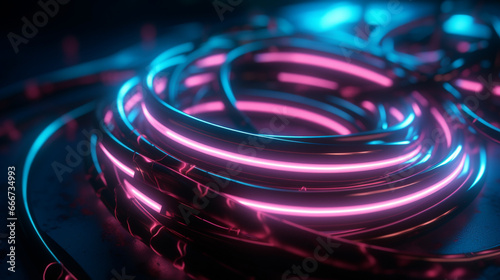 Zoom sur un cable électronique lumineux rose et bleu. Technologie, futuriste. Fond pour conception et création graphique.