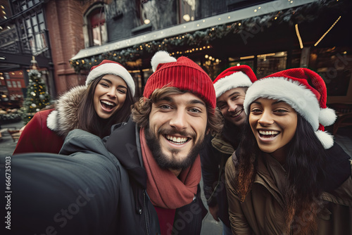grupo de jovenes amigos contentos con gorros de Santa Claus haciéndose un selfie en una calle decorada para navidad