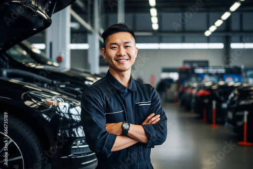 Portrait of Attractive confident Asian male auto mechanic working in Car Service