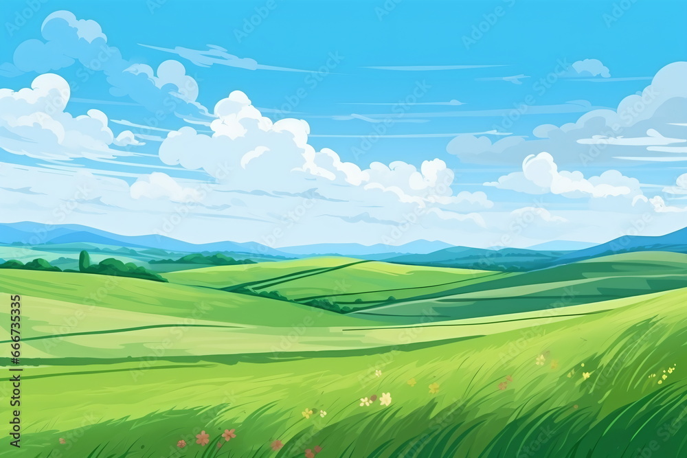 Vast Serenity: Illustration of Grassland, Blue Sky, White Clouds, and Distant Mountains